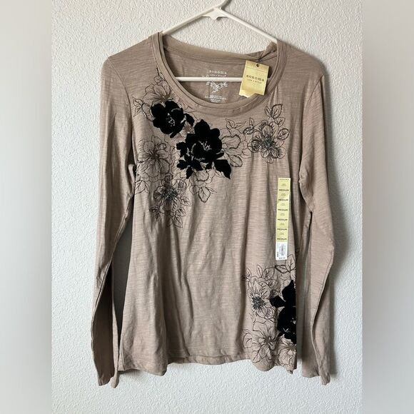Sonoma Women's 100% cotton beaded velvet Tan Floral Top NWT fairy whimsy Medium - Picture 1 of 5